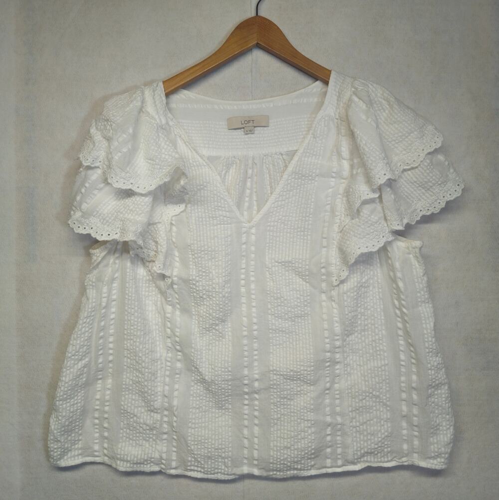 LOFT White Eyelet Ruffle Short Sleeve Top Blouse Sz XL